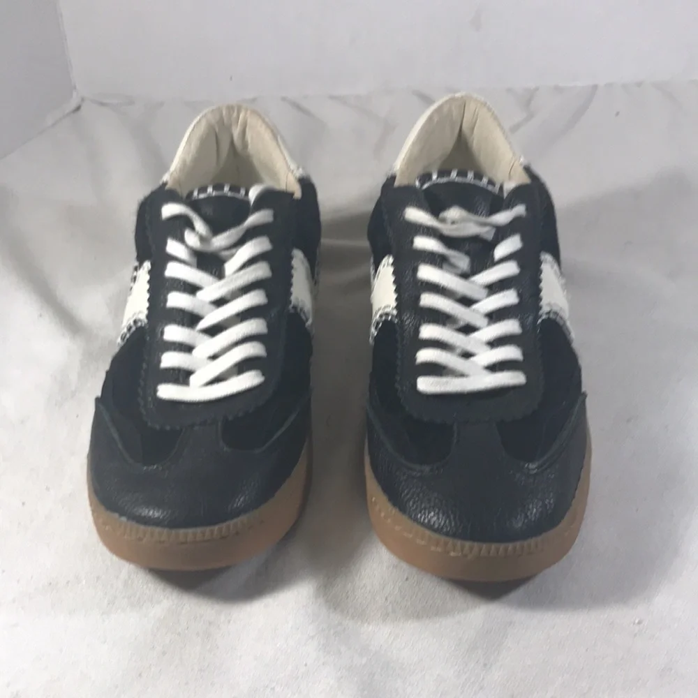 Dolce Vita Women Notice Black Leather & Fur Sneakers with White Stitched Accents